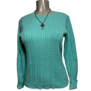 Izod Sweater Women’s Small Teal Green Pullover Long Sleeve Cable Knit Crew Neck